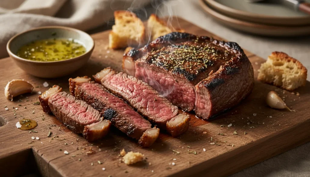Close-up of juicy medium-rare steak slices demonstrating the best way to reheat leftover steak while keeping it tender.