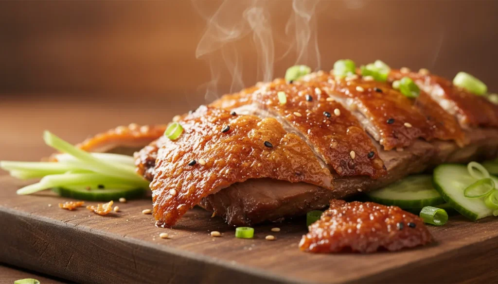 Macro close-up of sliced Peking duck featuring thin, ultra-crispy skin and juicy meat from a homemade recipe.