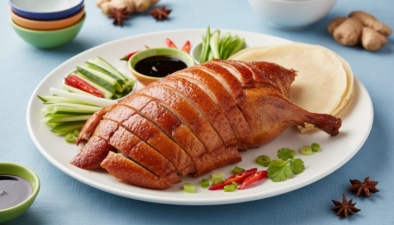 Whole roasted Peking duck with golden crispy skin on a serving platter, the best homemade recipe for a hero shot.