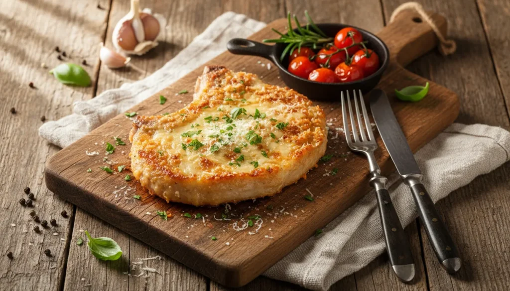Golden brown parmesan crusted pork chops cooked in an air fryer, served on a platter with fresh herbs.