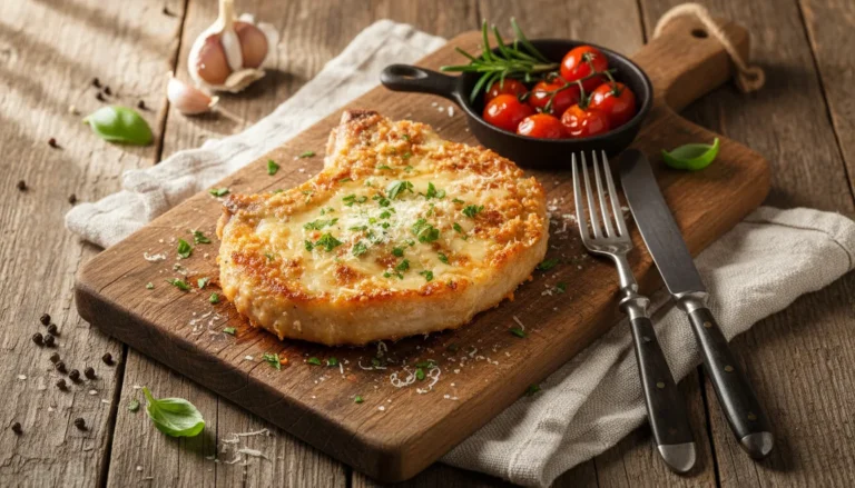 Golden brown parmesan crusted pork chops cooked in an air fryer, served on a platter with fresh herbs.