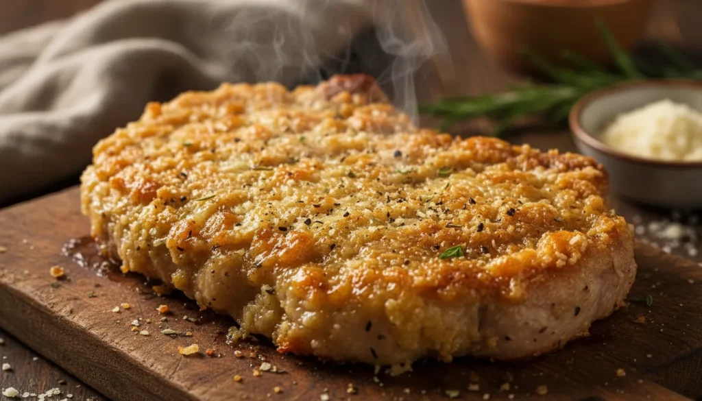 Close-up of a sliced air fryer pork chop showing the crispy parmesan crust and juicy, tender meat texture.