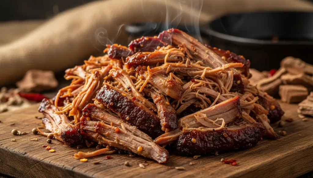 Smoked pulled pork shoulder on a platter, part of the best low and slow BBQ grill recipe guide.