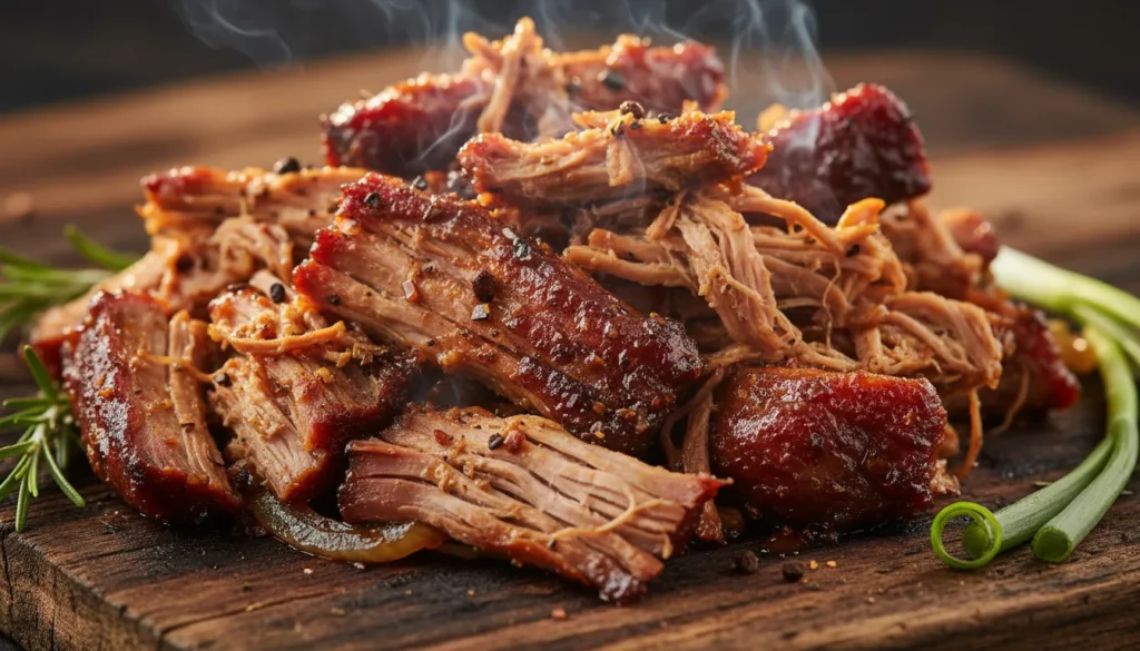 Detailed view of juicy shredded pulled pork meat with BBQ sauce and smoke ring.
