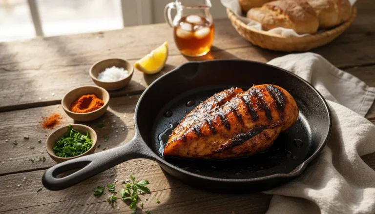 Juicy grilled BBQ chicken breast with char marks and glossy sauce on a serving platter.