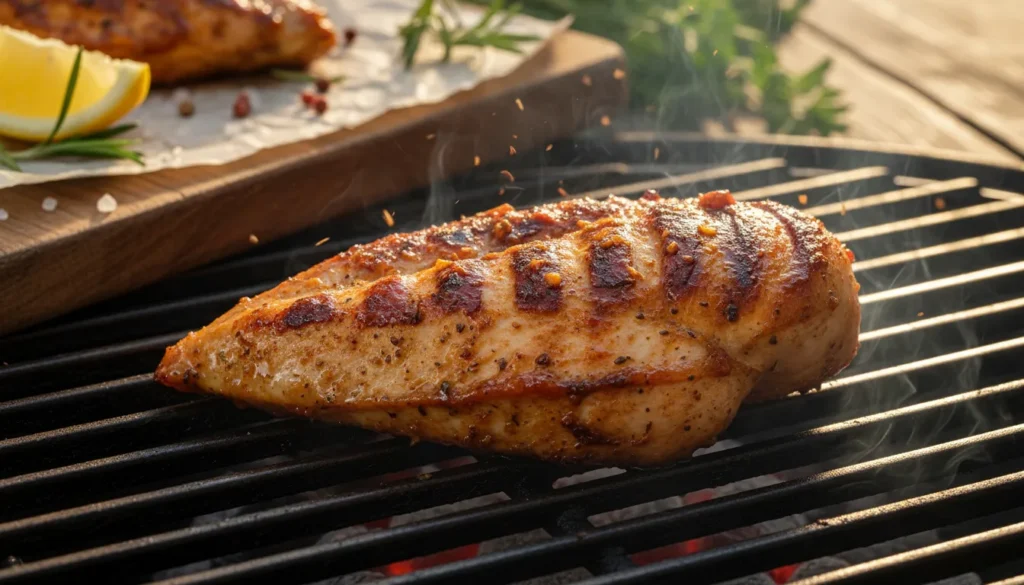 Close-up of a sliced BBQ chicken breast showing moist, juicy texture and thick barbecue sauce glaze.