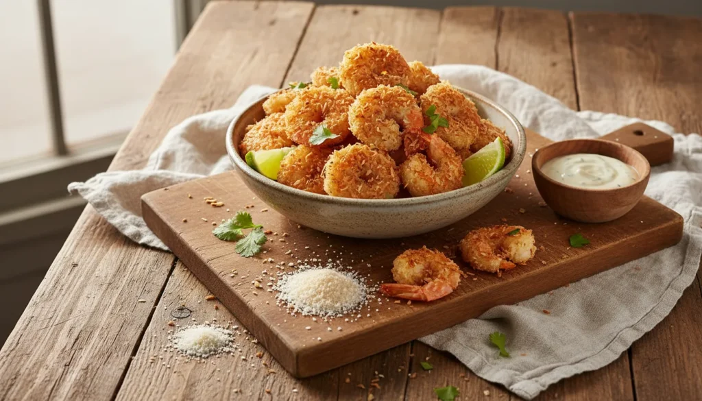 Platter of golden brown crispy coconut shrimp with sweet chili dipping sauce, an easy air fryer recipe.
