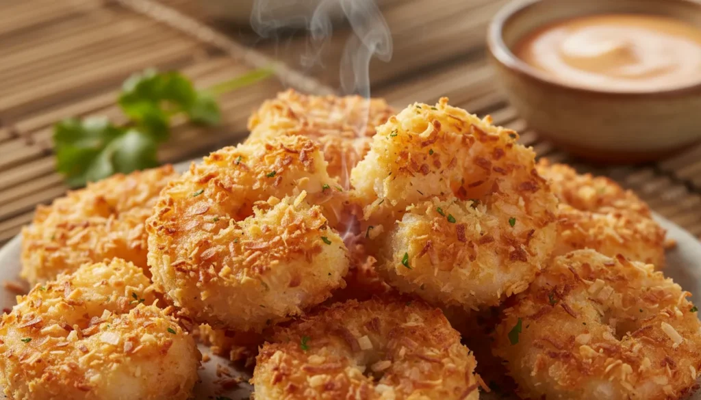 Extreme close-up of a crispy air fryer coconut shrimp highlighting the toasted coconut and crunchy breading.