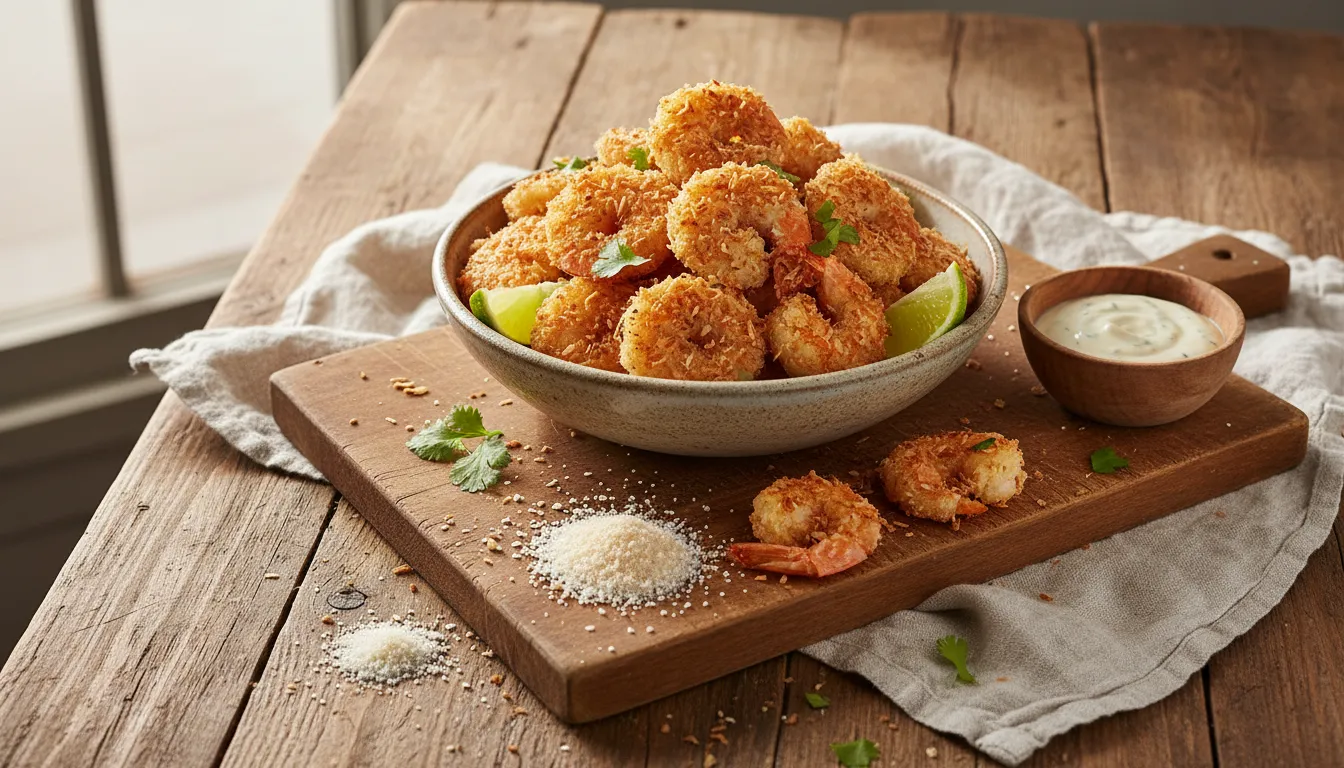 Platter of golden brown crispy coconut shrimp with sweet chili dipping sauce, an easy air fryer recipe.