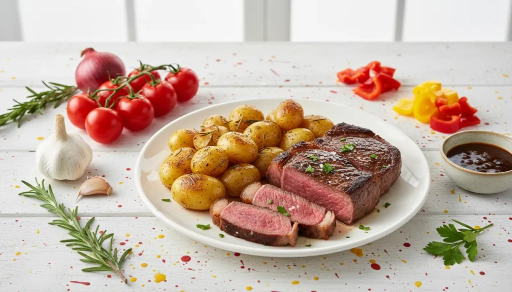 Plated pan-seared steak and roasted potatoes garnished with rosemary, demonstrating perfect recipe timing.