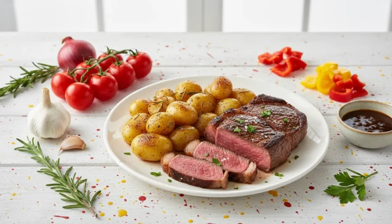 Plated pan-seared steak and roasted potatoes garnished with rosemary, demonstrating perfect recipe timing.