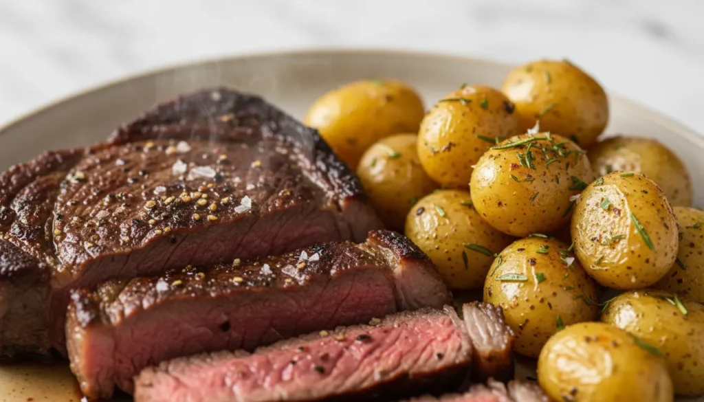 Close-up of juicy sliced medium-rare steak served with crispy golden brown potatoes and melted garlic butter.