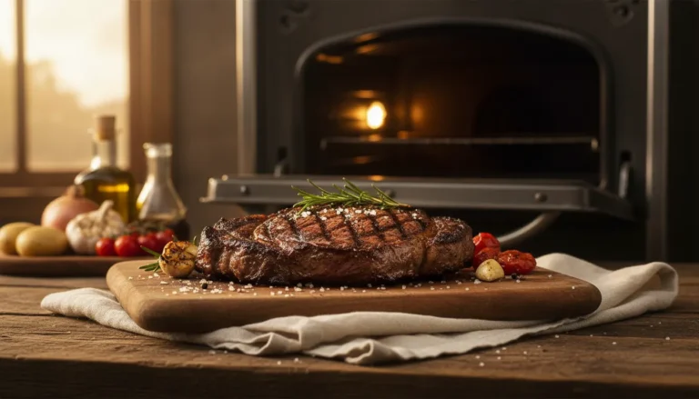 Pan-seared ribeye steak cooked in the oven on a wooden cutting board with fresh rosemary and garlic.