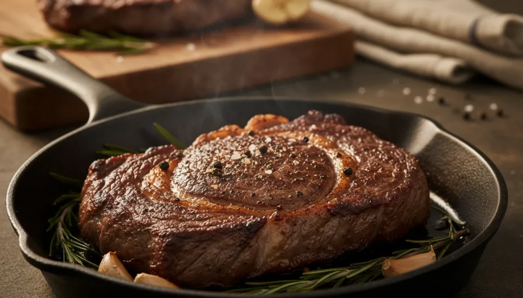 Close-up of a perfectly browned crust and sear on a thick-cut steak seasoned with salt and pepper.