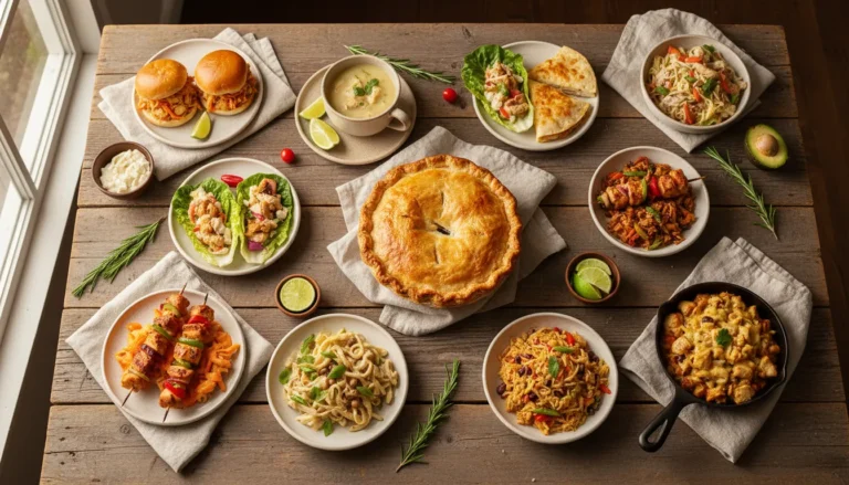A vibrant spread of creative recipes using leftover cooked chicken, including salads, tacos, and grain bowls.