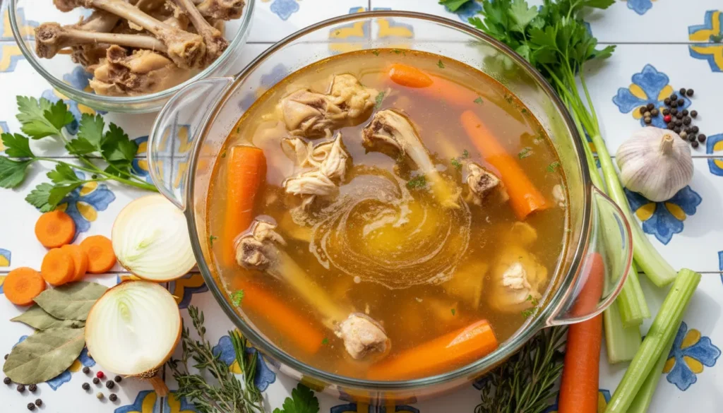 Golden homemade chicken broth in a stockpot made from roasted leftover bones, garnished with fresh herbs.