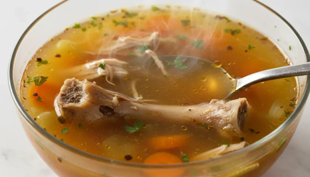 Close-up of rich amber chicken broth being poured into a glass jar, highlighting the clarity of the bone broth.