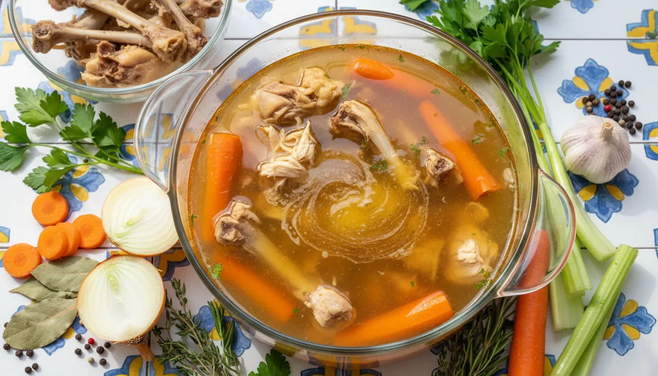 Golden homemade chicken broth in a stockpot made from roasted leftover bones, garnished with fresh herbs.